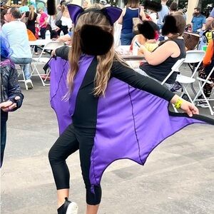 Bat costume SMALL. front zip one piece with matching headband.